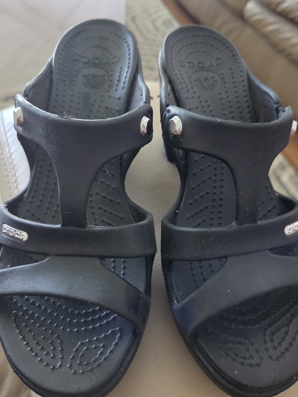 CROCS Women’s Black Slip-On Wedge Sandals with Stud Accents